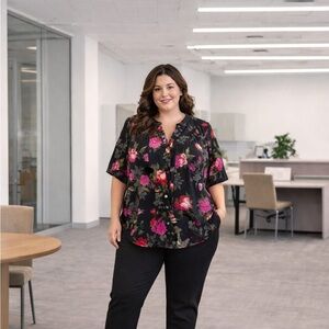 Roaman’s 22W Black Floral Button-Front Blouse | Plus Size Business Casual Top